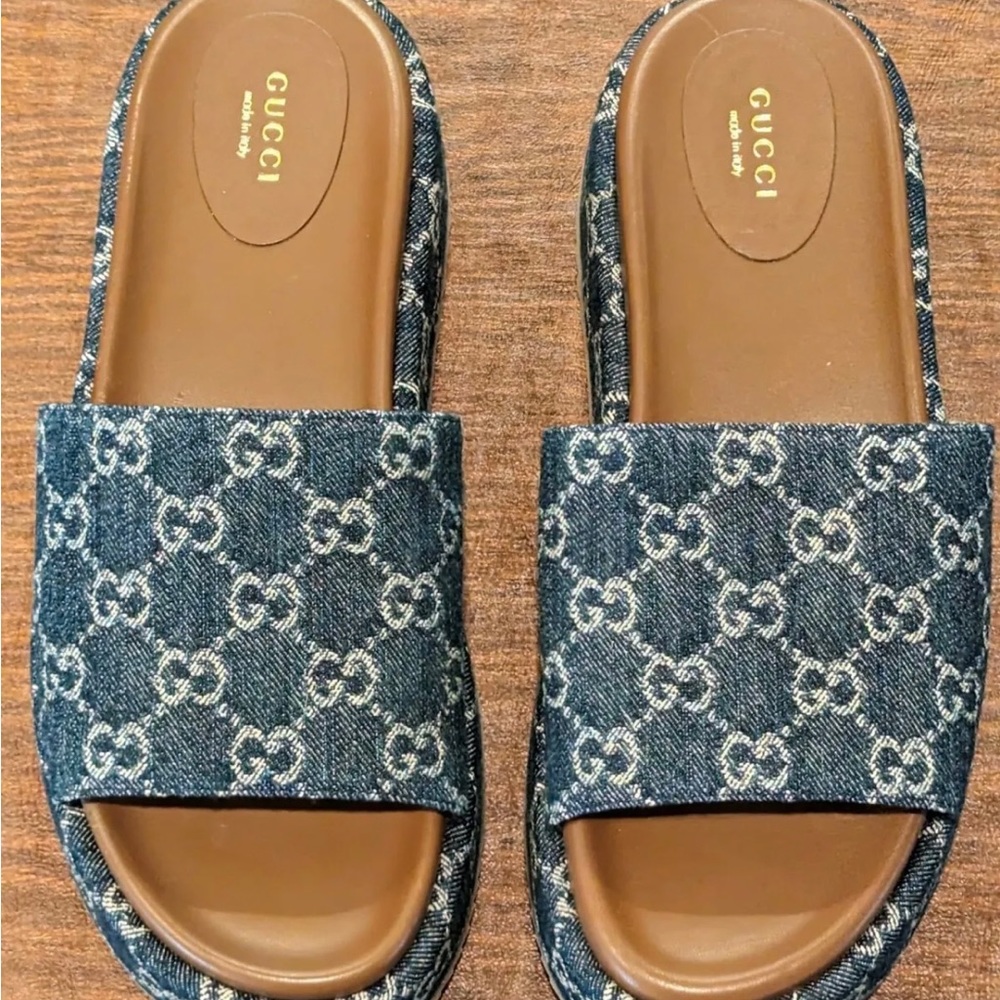 GUCCI 'Angelina' Blue Denim GG Platform Slide Sandals, Size 11 (US)